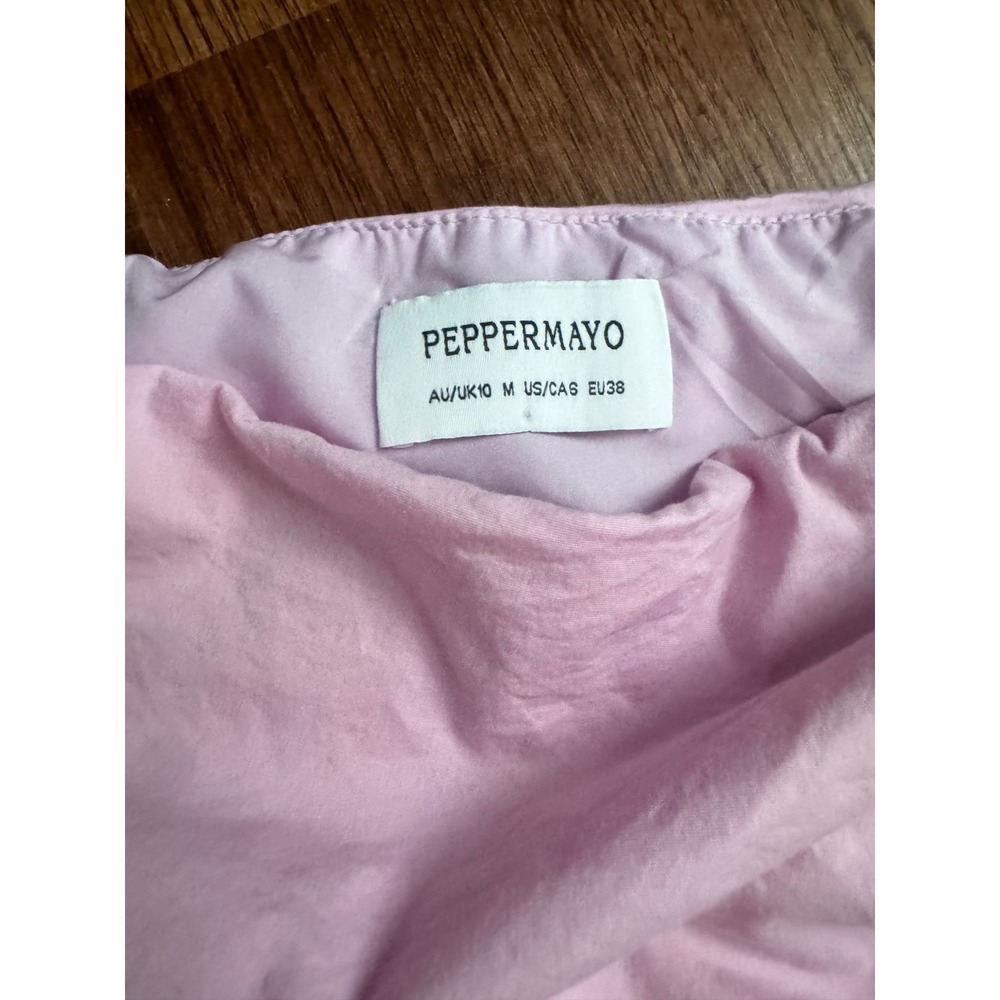 Peppermayo Pink Ruched Strapless Mini Dress Ruffle Hem Size US 6 M - Picture 2 of 3